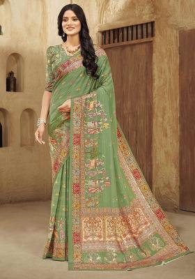 Green Printed Crepe Saree Set