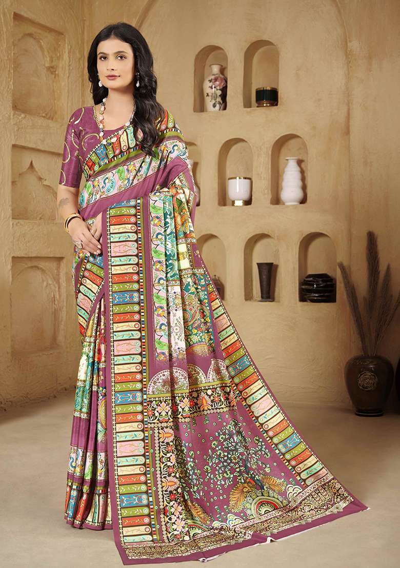 Magenta Printed Crepe Saree Set for Diwali and Festive Wear - Indya