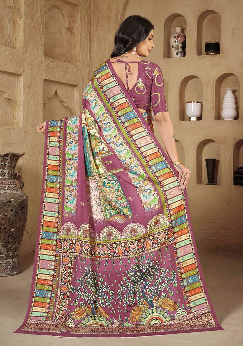 Magenta Printed Crepe Saree Set for Diwali and Festive Wear - Indya