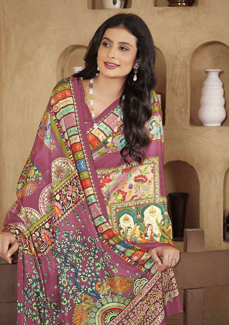 Magenta Printed Crepe Saree Set for Diwali and Festive Wear - Indya
