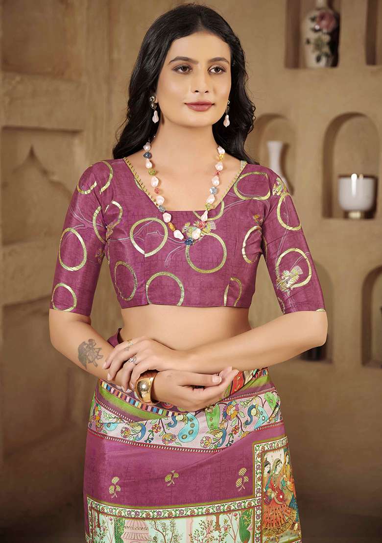 Magenta Printed Crepe Saree Set for Diwali and Festive Wear - Indya