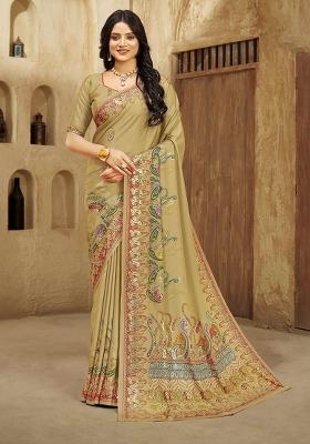 Beige Printed Crepe Saree Set