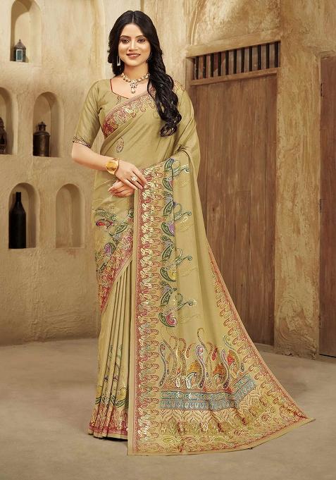 Beige Printed Crepe Saree Set