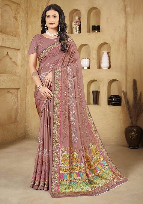 Pink Printed Crepe Saree Set