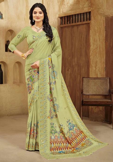 Green Printed Crepe Saree Set
