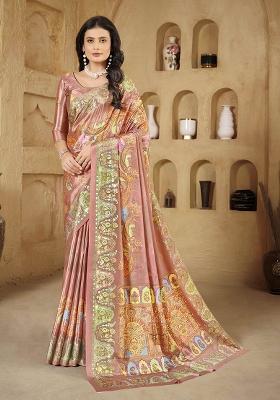 Pink Printed Crepe Saree Set