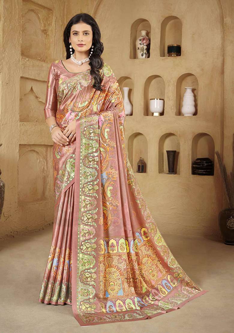Pink Printed Crepe Saree Set for Diwali and Festive Wear - Indya