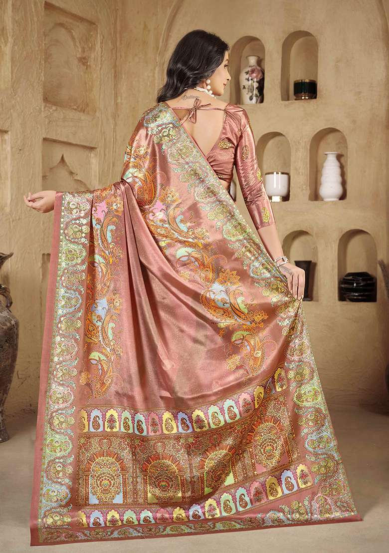 Pink Printed Crepe Saree Set for Diwali and Festive Wear - Indya