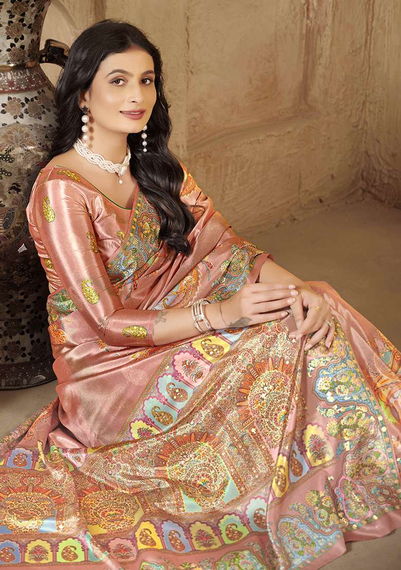 Pink Printed Crepe Saree Set for Diwali and Festive Wear - Indya