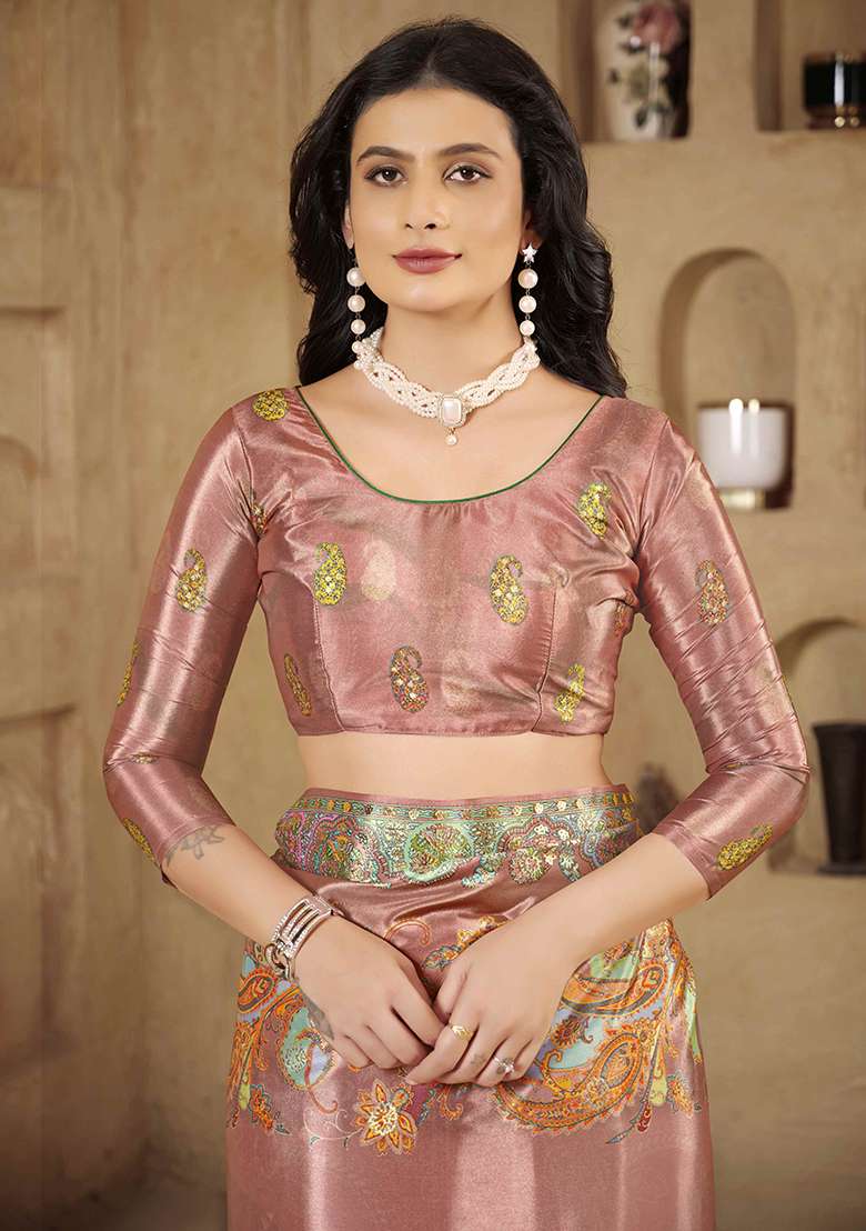 Pink Printed Crepe Saree Set for Diwali and Festive Wear - Indya