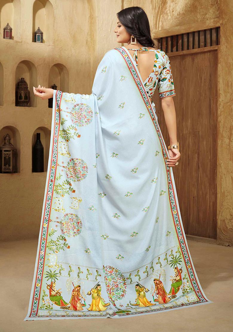 Blue Printed Crepe Saree Set