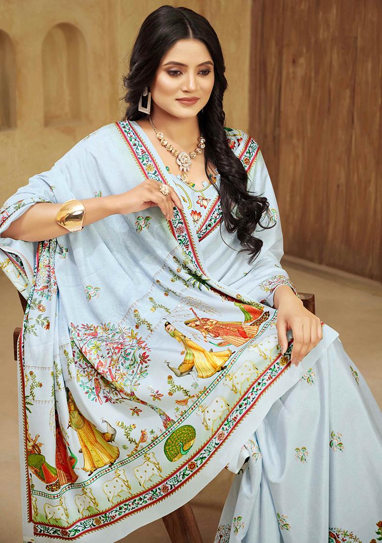 Blue Printed Crepe Saree Set