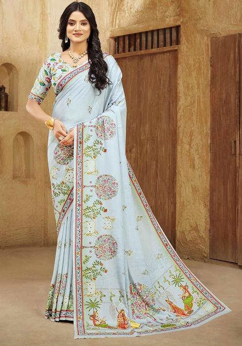 Blue Printed Crepe Saree Set