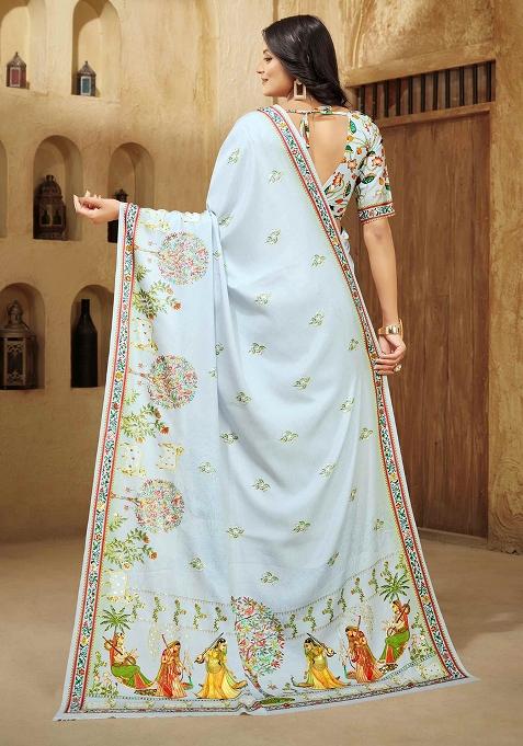 Blue Printed Crepe Saree Set