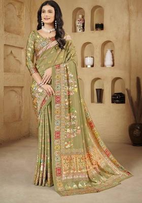 Olive Printed Crepe Saree Set