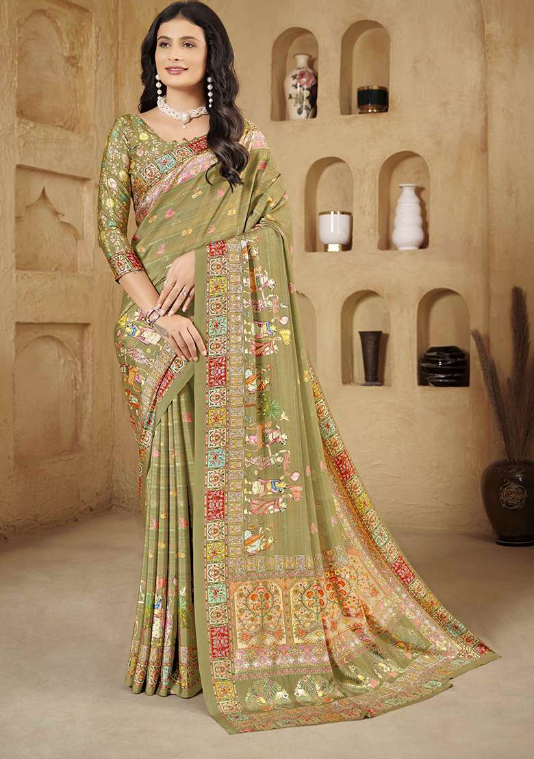 Olive Crepe Saree Set with Printed for Diwali | Wedding & Festive Wear - Indya