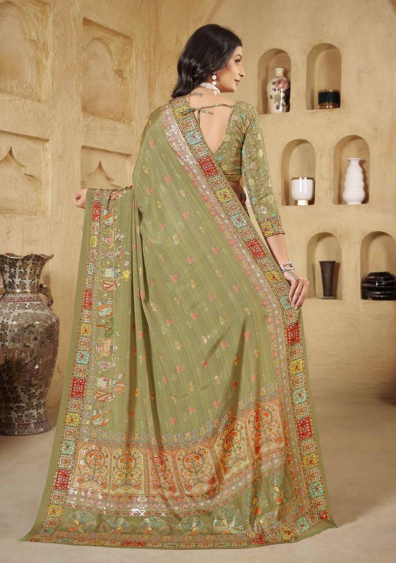Olive Crepe Saree Set with Printed for Diwali | Wedding & Festive Wear - Indya