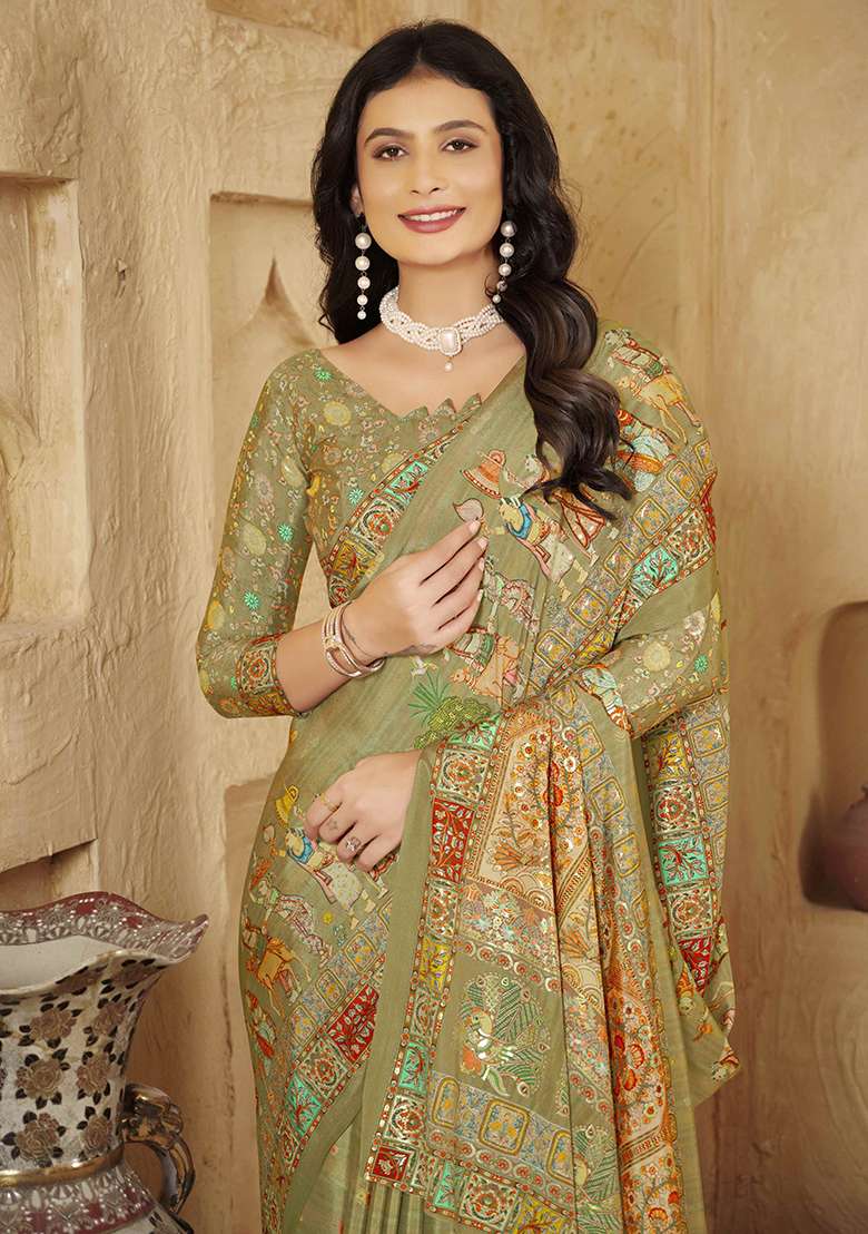 Olive Crepe Saree Set with Printed for Diwali | Wedding & Festive Wear - Indya