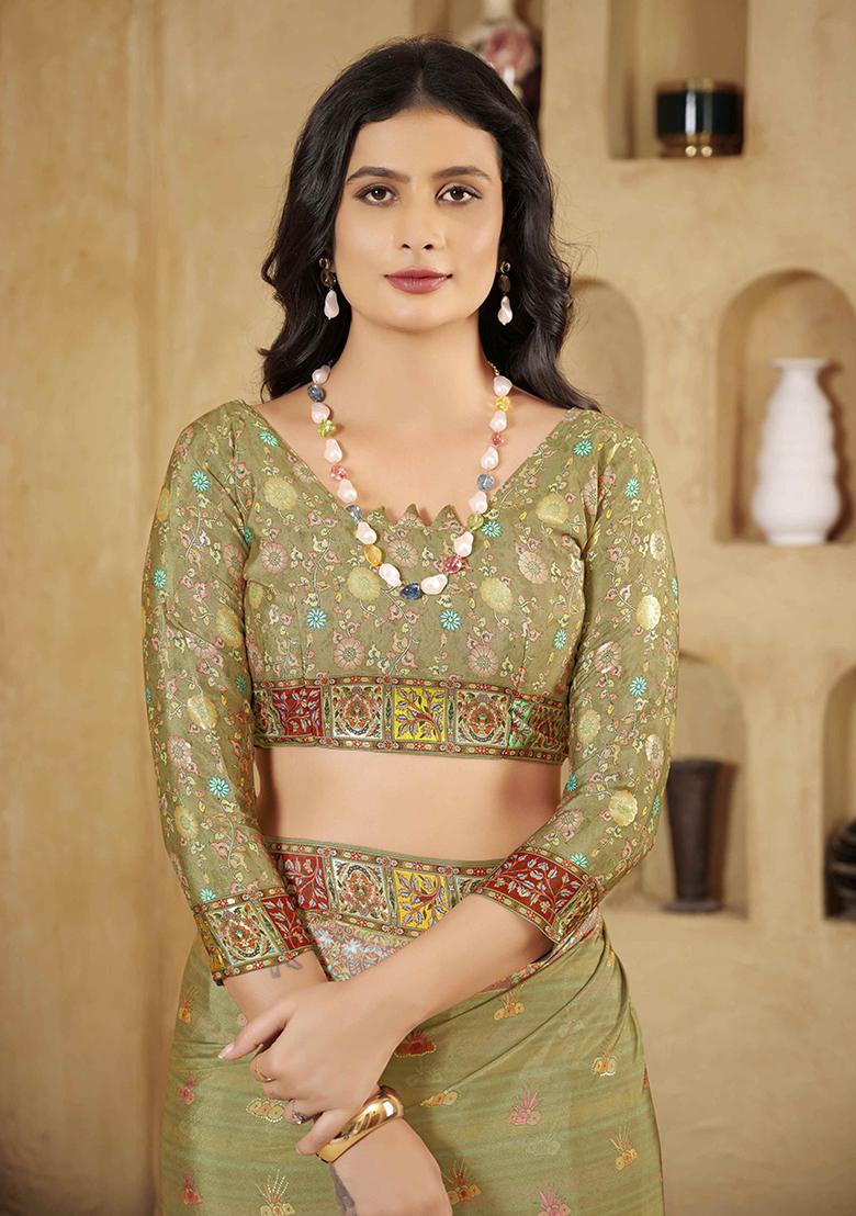 Olive Printed Crepe Saree Set - Indya