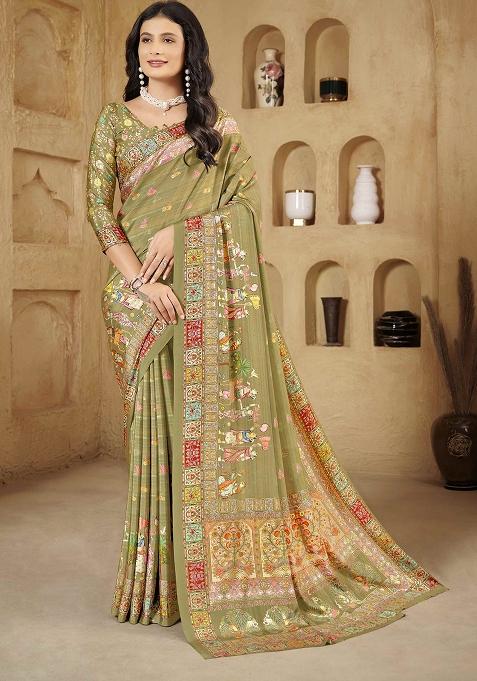Olive Printed Crepe Saree Set