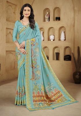 Teal Blue Printed Crepe Saree Set