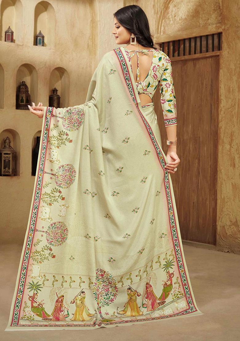 Cream Printed Crepe Saree Set - Indya