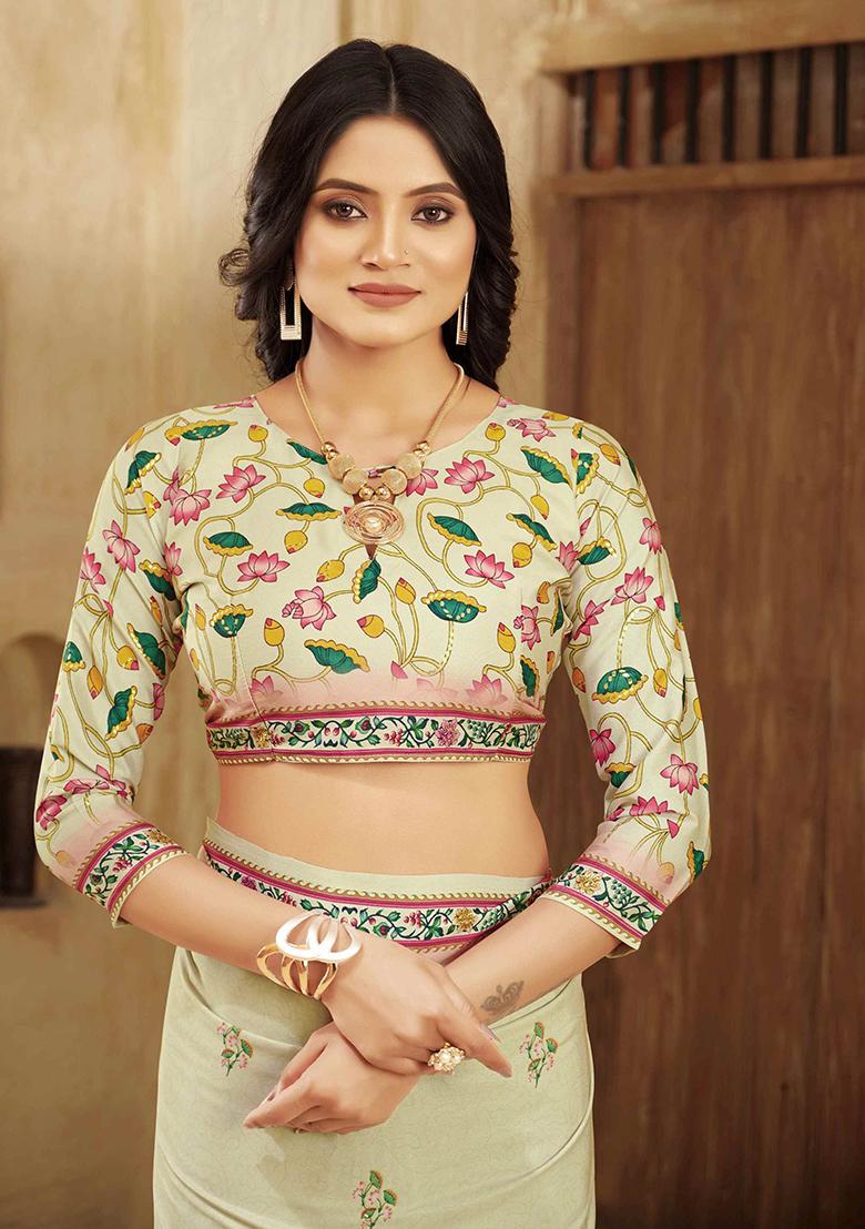 Cream Printed Crepe Saree Set - Indya