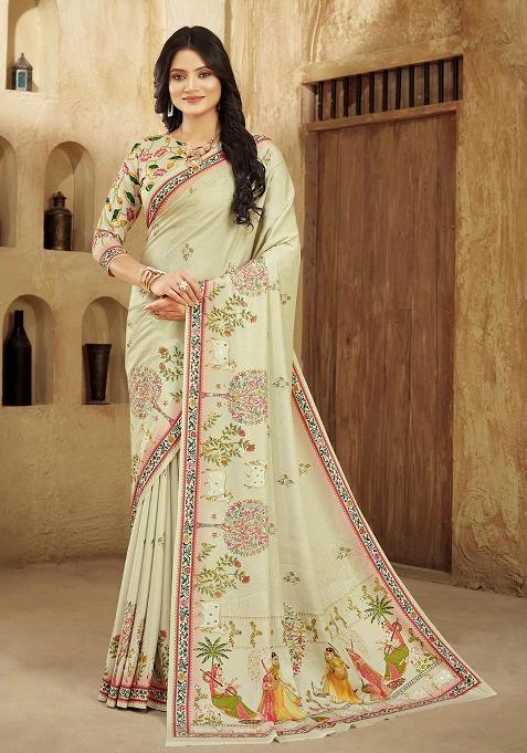 Cream Printed Crepe Saree Set