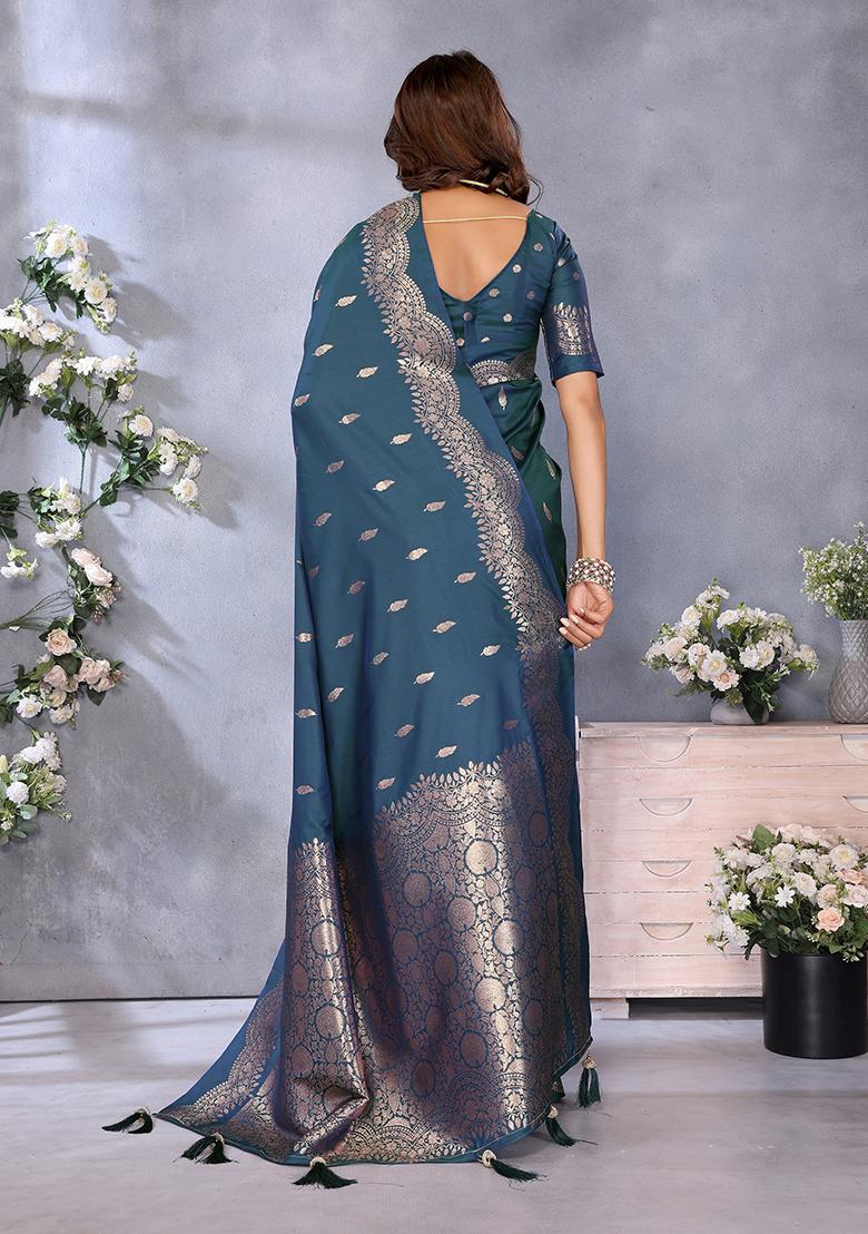Teal Blue Woven Silk Blend Saree Set