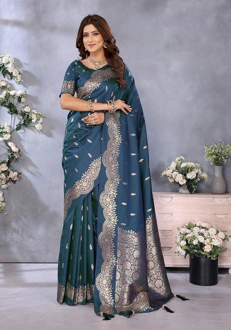 Teal Blue Woven Silk Blend Saree Set