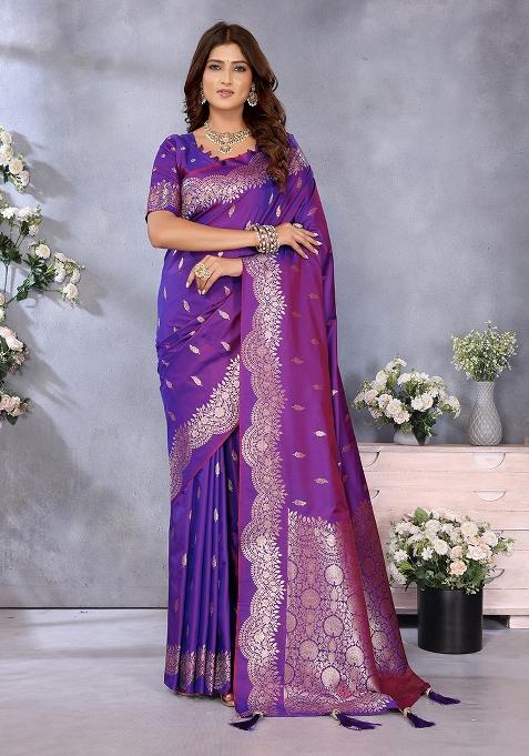 Purple Woven Silk Blend Saree Set