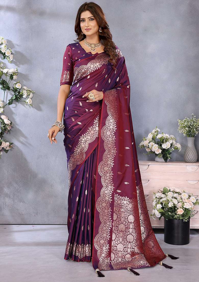 Wine Woven Silk Blend Saree Set - Indya