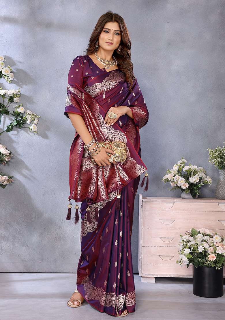 Wine Woven Silk Blend Saree Set - Indya