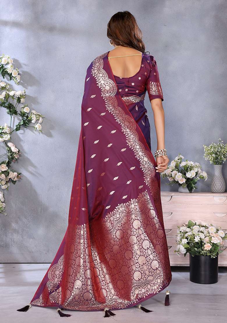 Wine Woven Silk Blend Saree Set - Indya