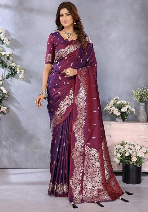 Wine Woven Silk Blend Saree Set