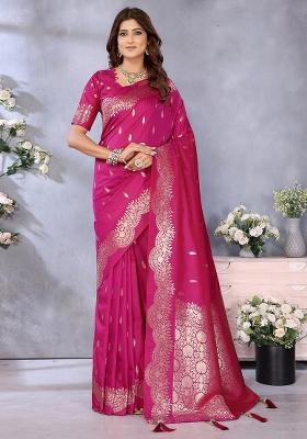 Pink Woven Silk Blend Saree Set