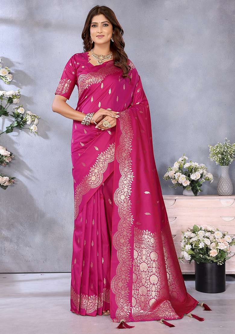 Pink Woven Silk Blend Saree Set for Diwali | Wedding & Festive Wear - Indya