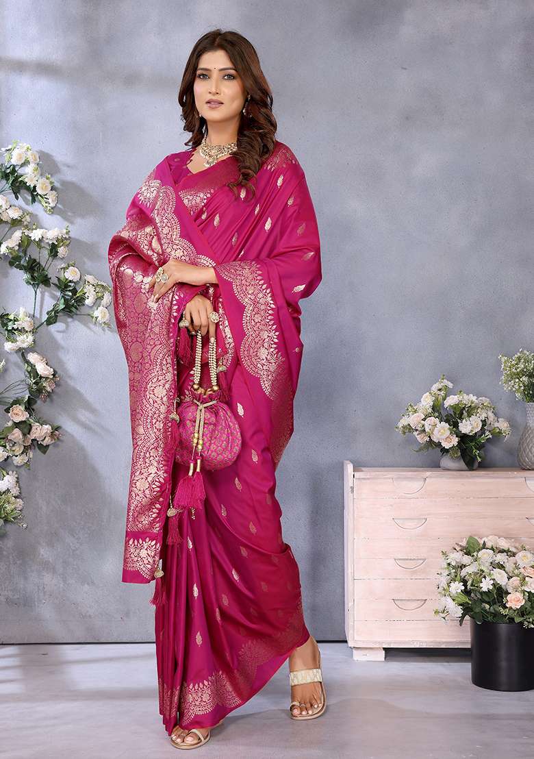 Pink Woven Silk Blend Saree Set for Diwali | Wedding & Festive Wear - Indya