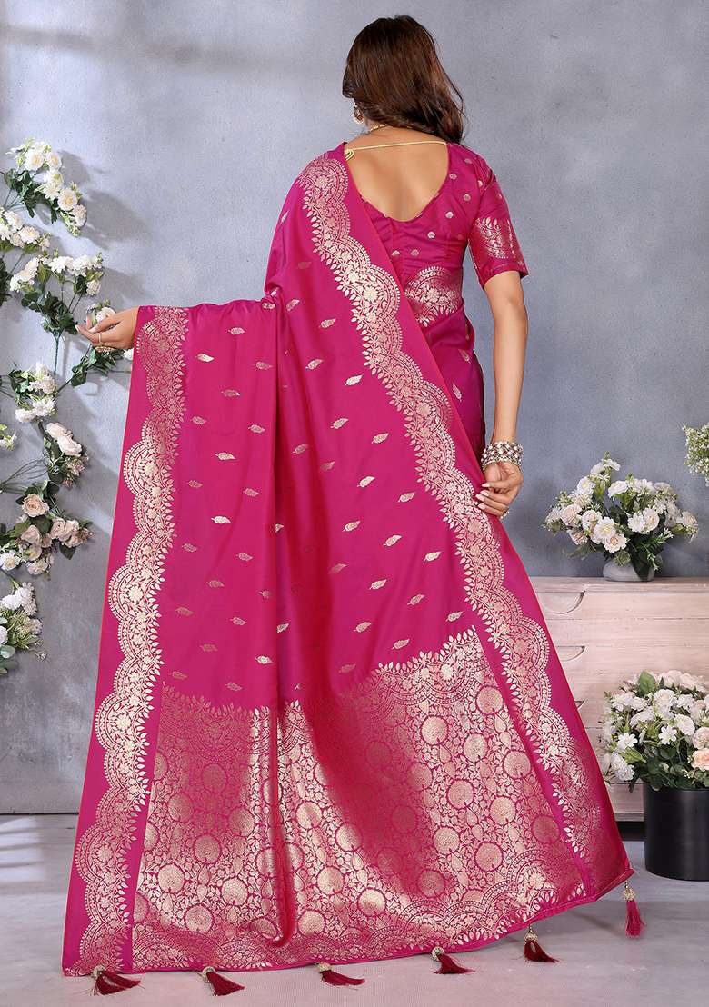 Pink Woven Silk Blend Saree Set for Diwali | Wedding & Festive Wear - Indya