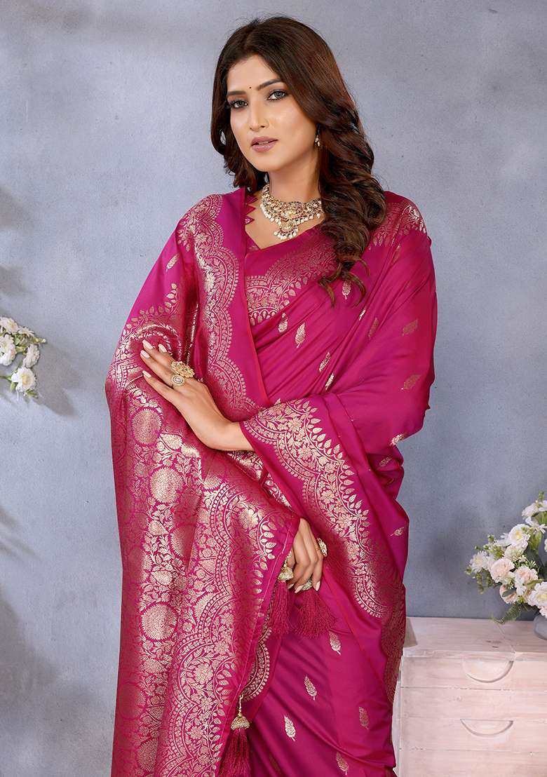 Pink Woven Silk Blend Saree Set for Diwali | Wedding & Festive Wear - Indya
