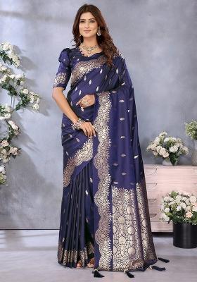 Blue Woven Silk Blend Saree Set