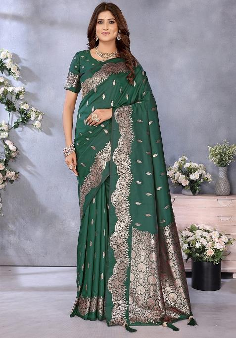 Green Woven Silk Blend Saree Set