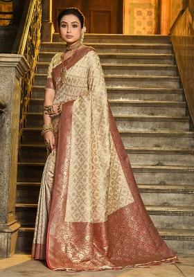 Maroon Woven Silk Blend Saree Set