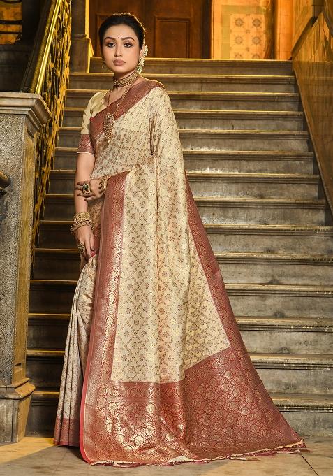 Maroon Woven Silk Blend Saree Set