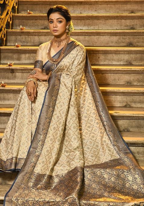 Navy Blue Woven Silk Blend Saree Set