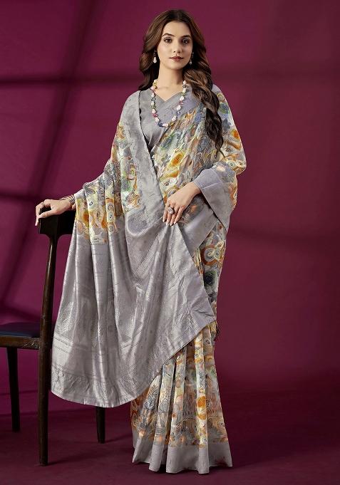 Lavender Woven Silk Blend Saree Set