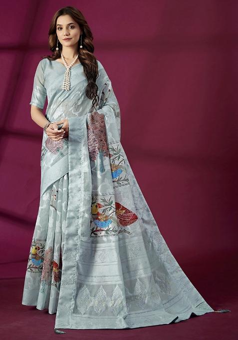 Sky Blue Woven Silk Blend Saree Set
