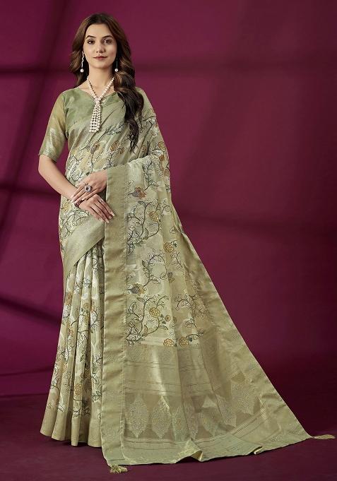 Green Woven Silk Blend Saree Set