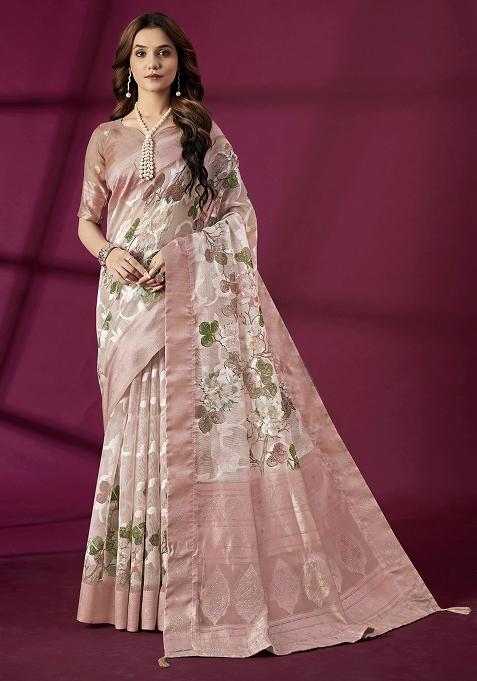 Pink Woven Silk Blend Saree Set