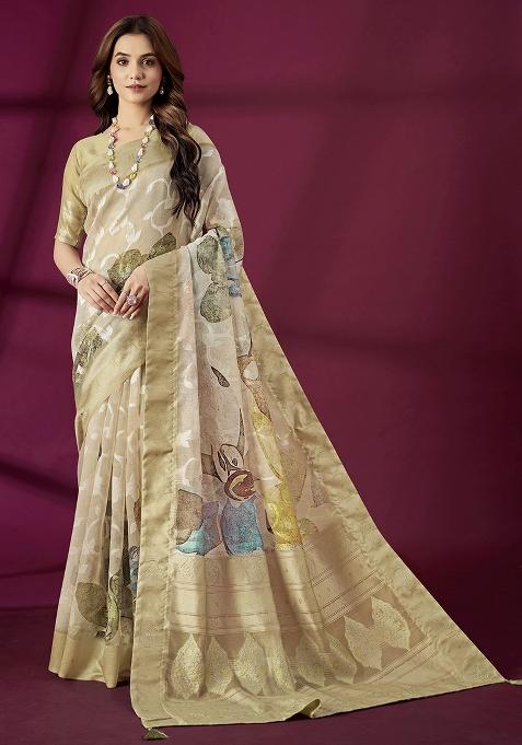 Beige Woven Silk Blend Saree Set